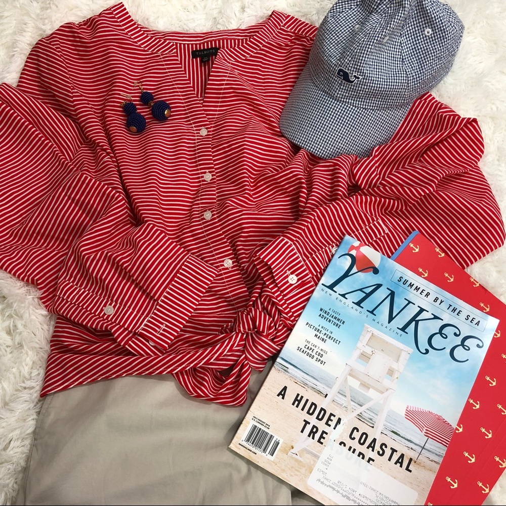 Talbots red & white striped blouse w/ tie front XL